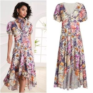 MARCHESA NOTTE Eyelet Asymmetrical High-Low Floral Midi Dress